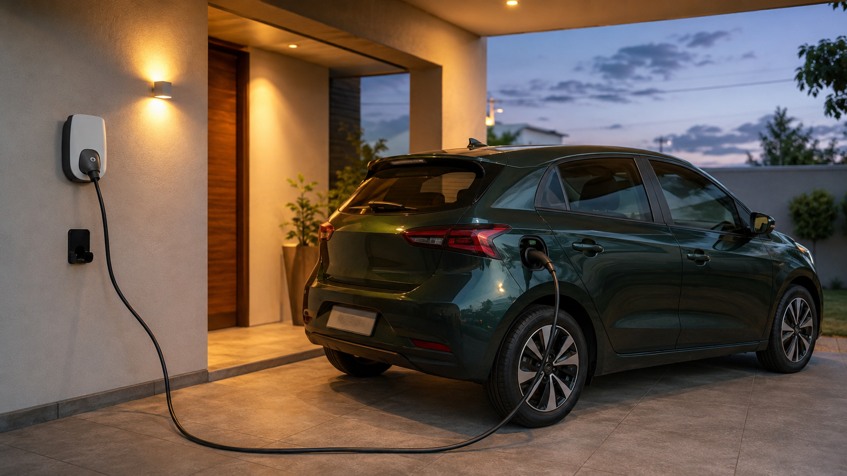 Carro elétrico conectado a carregador residencial em uma garagem