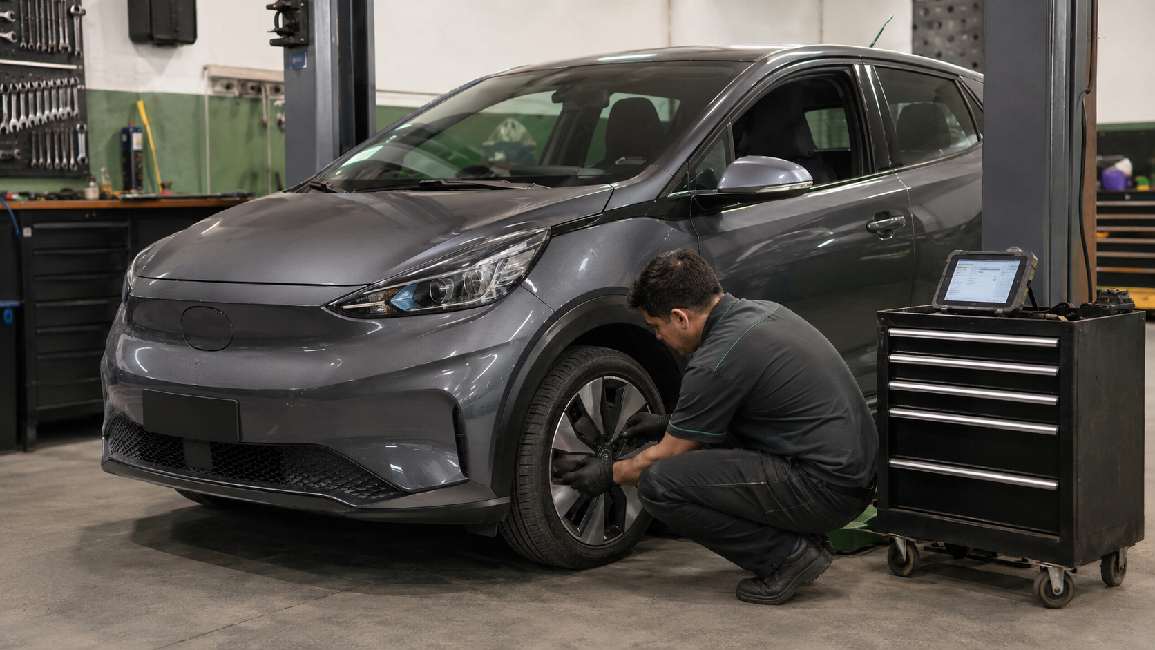 Técnico verificando pneus e freios de um carro elétrico em oficina