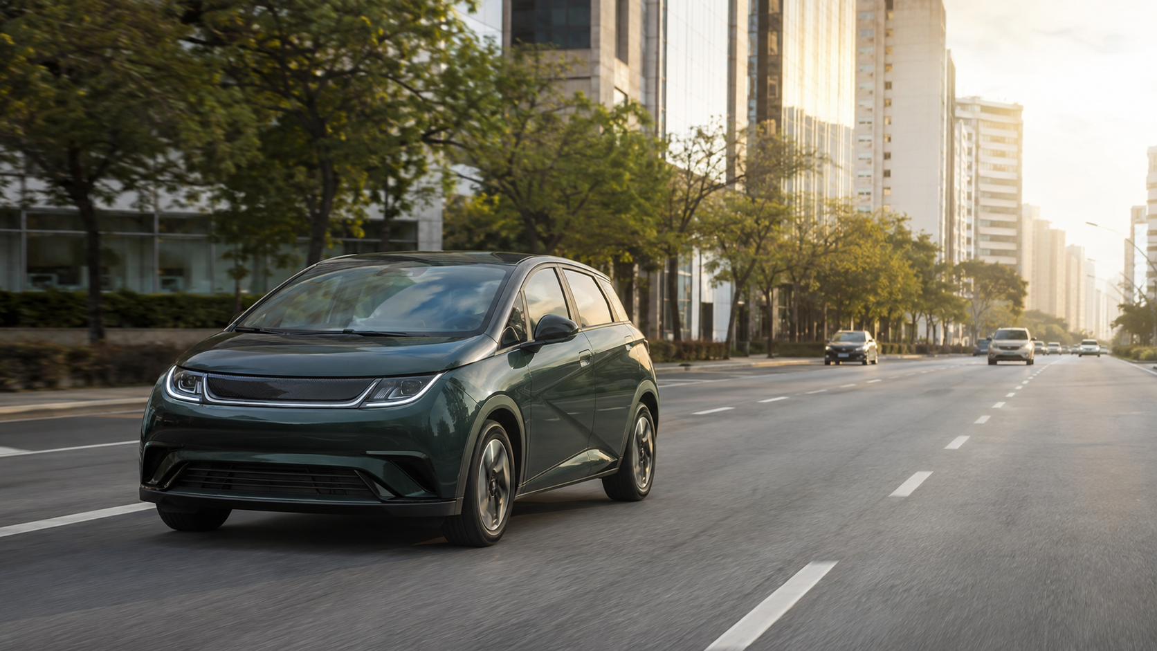 Carro elétrico compacto circulando em avenida urbana brasileira