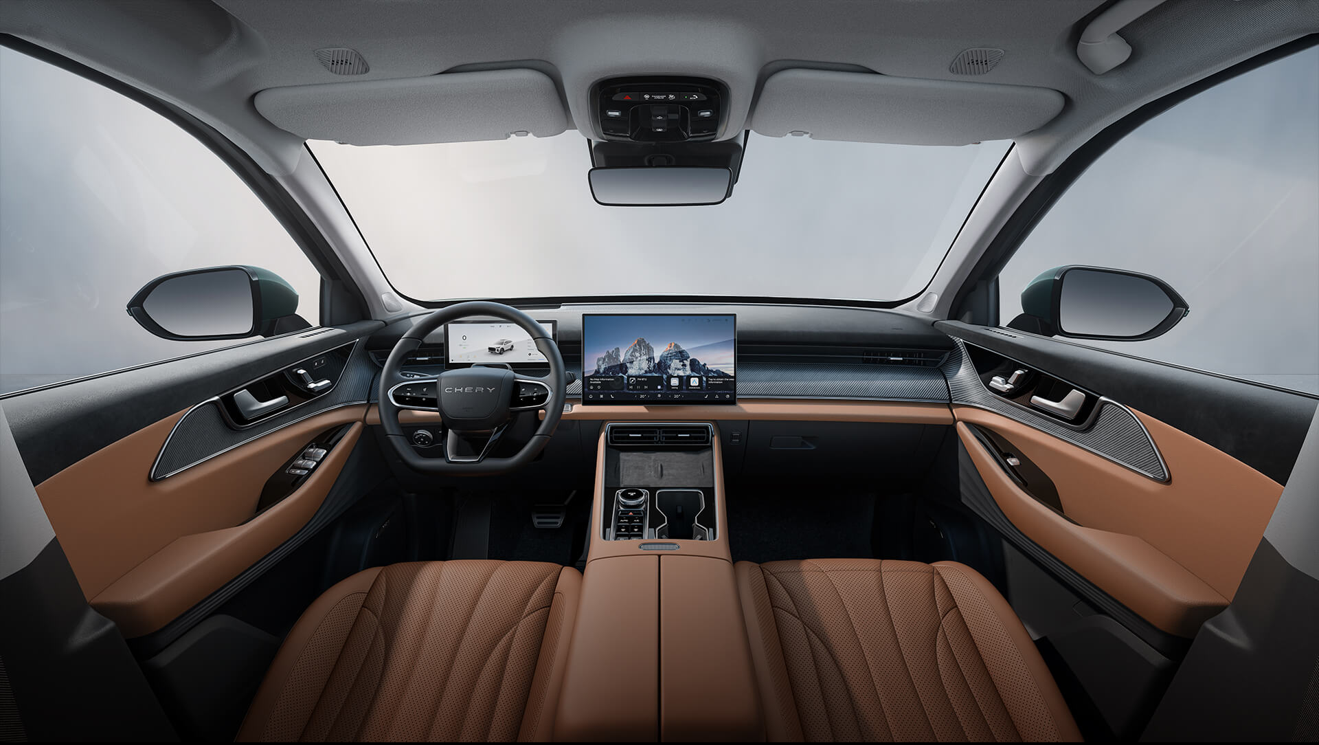 Interior do Caoa Chery Tiggo 9 PHEV com painel digital, central multimídia e bancos de couro caramelo
